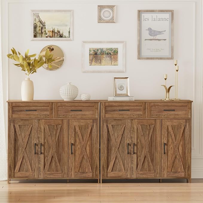 Homhedy Sideboard Buffet Cabinet, Coffee Bar Storage Cabinet with Drawers and Doors, Farmhouse Kitchen Cabinet with Adjustable Shelves, for Kitchen, Dining Room, Living Room, Rustic Walnut