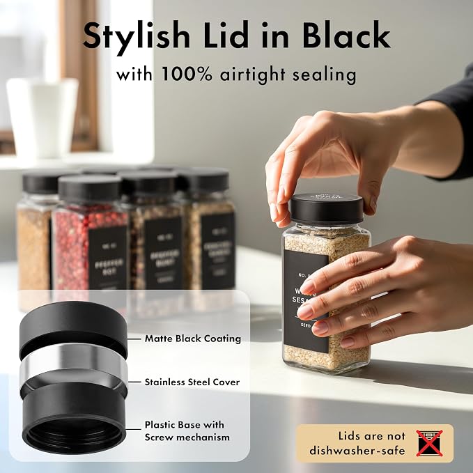 EDELHAUS Glass Spice Jars with Label, Seasoning Set, 24x Black Steel Lids | Airtight Lids keep spices fresh, Kitchen Spice Drawer Organizer, 4oz Seasoning Containers incl. Funnel, Brush & 240 Labels