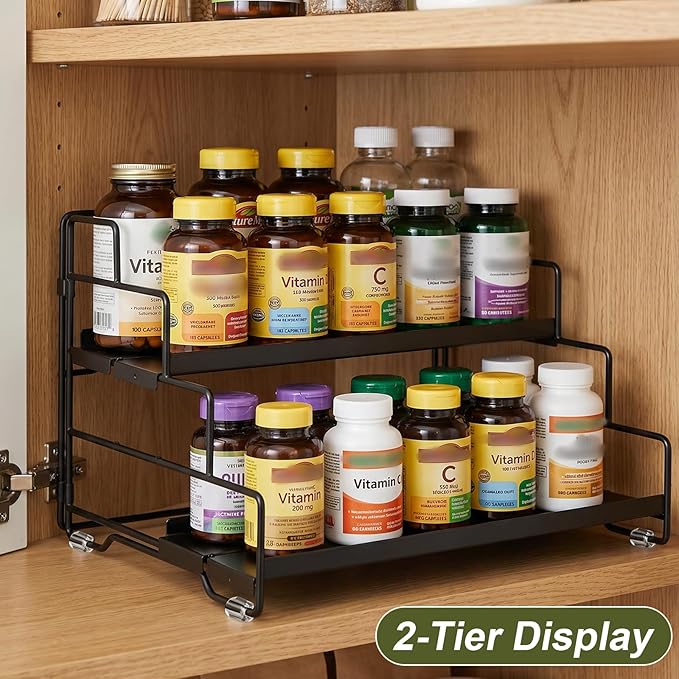 Spice Rack Organizer for Cabinet, Tiered Adjustable Spice Shelf Organization, Metal Seasoning Rack for Kitchen Countertop Cupboard Pantry, Raised Edge Anti-Slip Design for Jars and Bottles