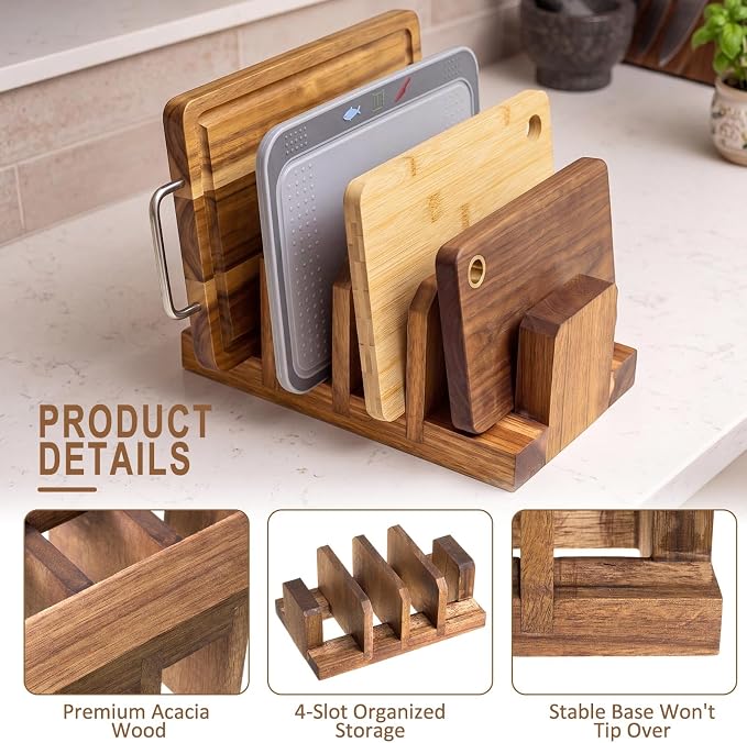 Acacia Wood Cutting Board Holder, 4 Slot Cutting Board Organizer Rack, Baking Pan, Bakeware & Knife Holder, Cabinet and Countertop Storage Stand for Kitchen, Dish, Plate, and Cookbook