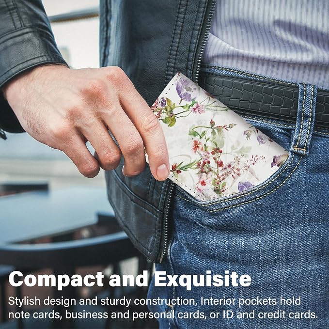 Business Card Holder，PU Leather Business Card Case Color Printing Pattern Card Holder Wallet，Pockets Magnetic Credit Card Holders for Men and Women - White Flowers