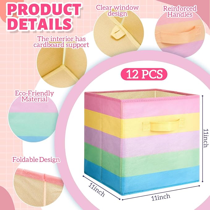 Yinder 12 Pcs Cube Storage Bin Rainbow Colorful 10.5''x10.5''x11'' Storage Bins for Playroom Decor Colorful Bins for Kids Foldable Baskets for Nursery Organizer Boxes Fabric Boxes