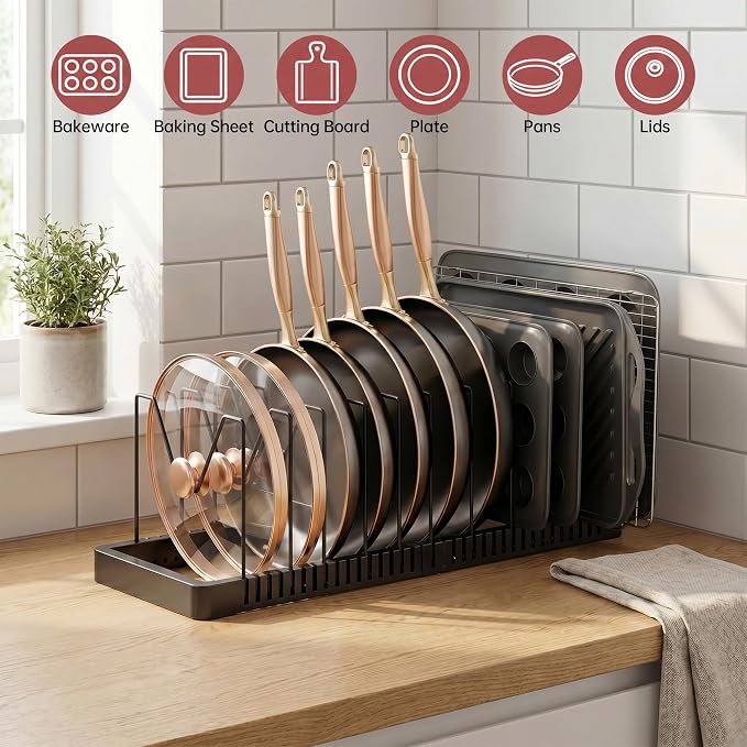 ORDORA Expandable Pot Lid Organizer, Solid Metal Under‑Cabinet Pots and Pan Storage Rack 14.1''‑24.8'', Fits Bakeware & Cookie Sheets with 12 Adjustable Dividers