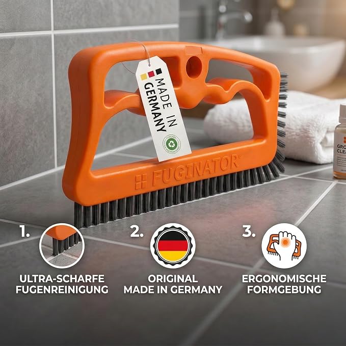 FUGINATOR® Grout Brush Orange/Gray - Ergonomic Heavy Duty Cleaning Brush for Bathroom, Shower & Kitchen - Deep Detail Scrubber for Wall & Floor Tiles, Crevices & Tight Spaces - Made in Germany