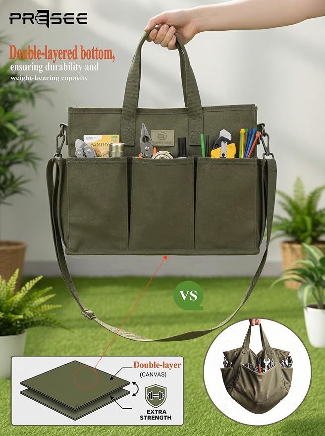 Portable Garden Tool Bag, Canvas Organizer with Adjustable Strap – Green