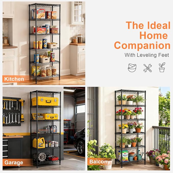 6-Tier Wire Rack Shelving,21.3" Wx11.4 Dx73 H,Metal Shelf On Lockable Wheels,Height Adjustable Wire Storage Shelves for Narrow Space/Kitchen/Pantry/Laundry/Office/Closet/Black