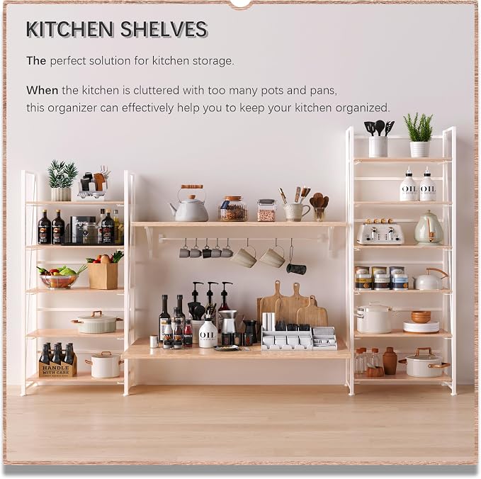 4NM No Assembly Folding Bookshelf, 6-Shelf 74" H Collapsible Foldable Bookcase Storage for Small Spaces, Natural White