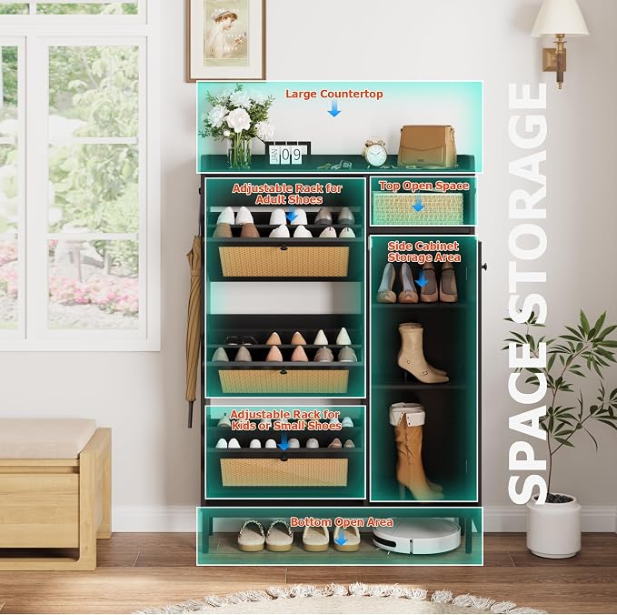 Garvee Shoe Cabinet with 3 Flip Drawers and 4-Tier Shoe Storage Cabinet, Freestanding Shoe Organizer with Adjustable Shelf and Rattan Doors for Entryway, Closet, Hallway