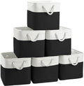FinishingBo Large 11x11 Inch Cube Storage Bins with Cotton Handles for Closet, Shelves, Clothes, Towel (White/ Black-6 Pack)