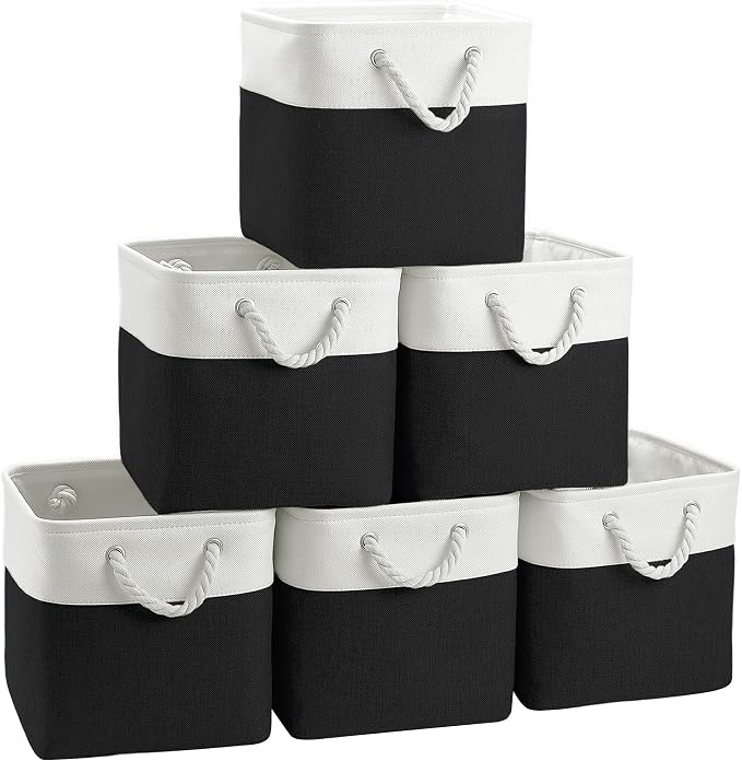 FinishingBo Large 11x11 Inch Cube Storage Bins with Cotton Handles for Closet, Shelves, Clothes, Towel (White/ Black-6 Pack)