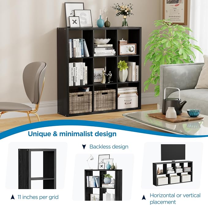 9 Cube Storage Organizer, Wooden Cube Shelf Bookcase with Reinforced Thick Shelves, Heavy-Duty 36.93" L x 9.37" W x 36.93" H, for Living Room Bedroom Home Office, Black