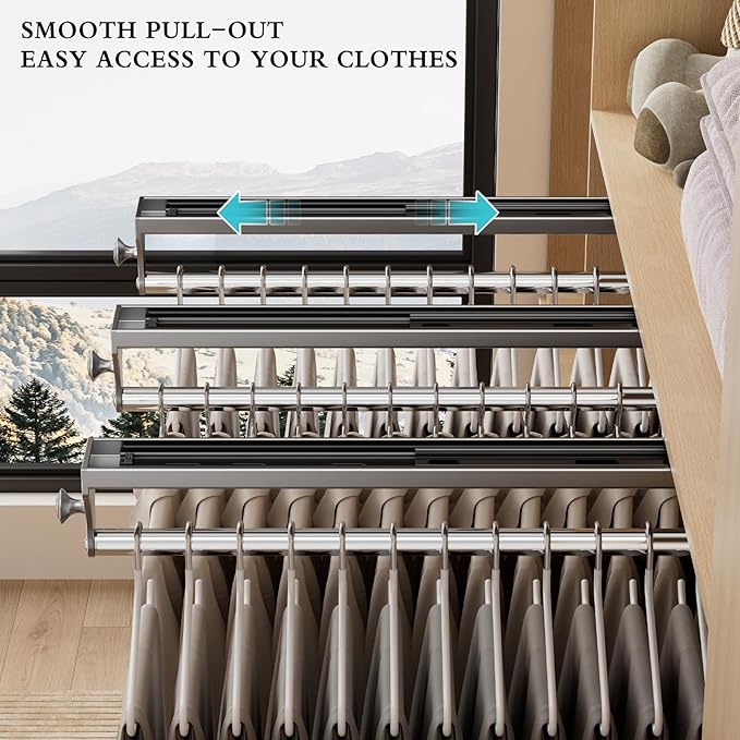 2 Pack Pull Out Closet Rod, 15.7inch Heavy Duty Pants Rack, Adjustable Clothes Hanger Rail, Space Aluminum Valet Rod, Top Mounted Wardrobe Clothes Organizer, Closet Storage for Trousers Coats Gray