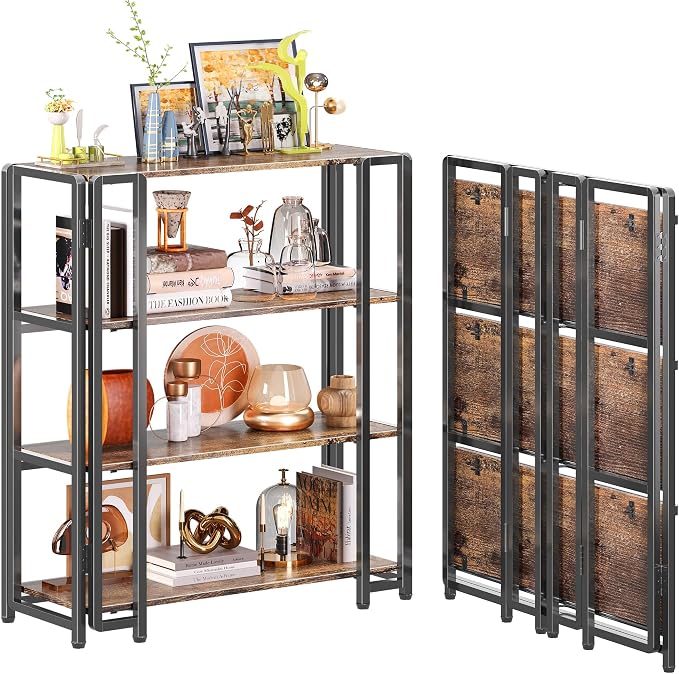 UDD 4 Tier Wide Folding Bookshelf No Tools Assembly, 34.5" H x 30.9" W, Foldable Book Shelf Vintage Collapsible Bookcase, Industrial Storage Shelves for Bedroom Office Living Room, Rustic Brown Black
