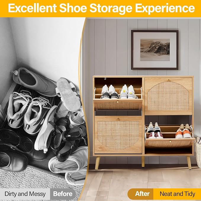 Karl home Natural Rattan Shoe Cabinet with 4 Flip Drawers Entryway Storage | Freestanding Hidden Shoe Organizer Cupboard, Rattan Storage for Entryway, Hallway, Living Room