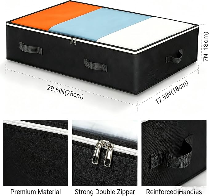 4 Pack Under Bed Storage, Closet Organizers and Storage Containers with Clear Window Foldable Underbed Storage Bags for Clothes,Shoes, Blankets Pillows, Linen Sheets, Black