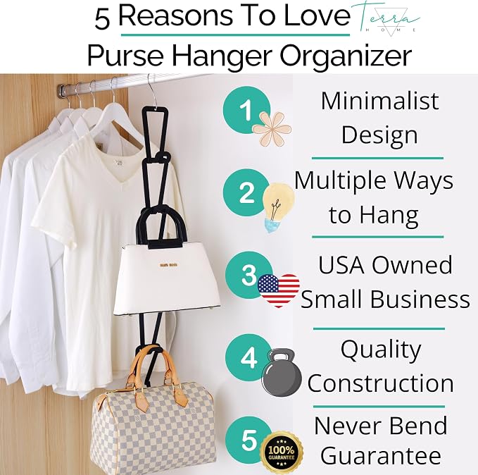 TERRA HOME Purse Hanger Closet Organizer Improved Design Bag Chain Hooks for Wall - Compact, Efficient Storage Solution for Bags, Purses, More as Over the Door, in Your Closett or Wall Mount