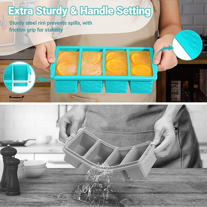 Doasuwish Silicone Freezer Tray for Soup with Lid – 1-Cup Soup Container Cube Style Ice Cube Trays for Freezer, Meal Prep & Food Storage, Freeze 250mL/125mL Portions – 2 Pack