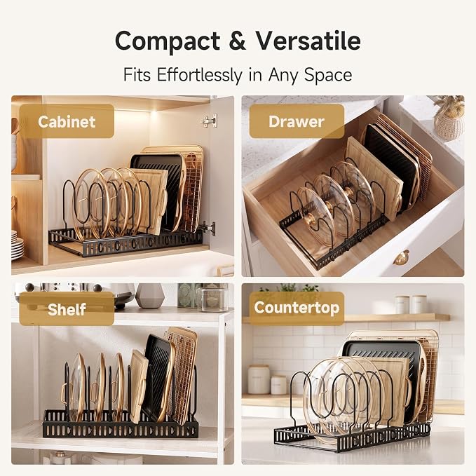 MUDEELA Pot Lids Organizer Rack for Cabinet and Countertop, Pot and Pan Lid Organizer Holder with 7 Adjustable Compartments, Baking Cookie Sheet Bakeware Cutting Board Kitchen Storage Organizers