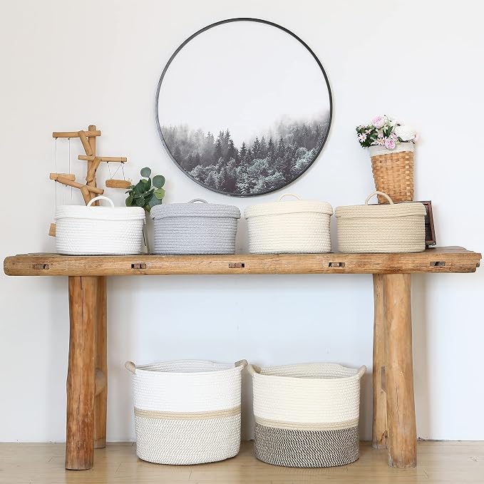 Sea Team Round Cotton Rope Storage Basket with Lid, Lidded Woven Storage Bin, Nursery Storage Container, Diaper Caddy, Baby Shower Basket, Box, Organizer, 11.8 x 11.8 x 6.7 Inches (Medium, Cream)