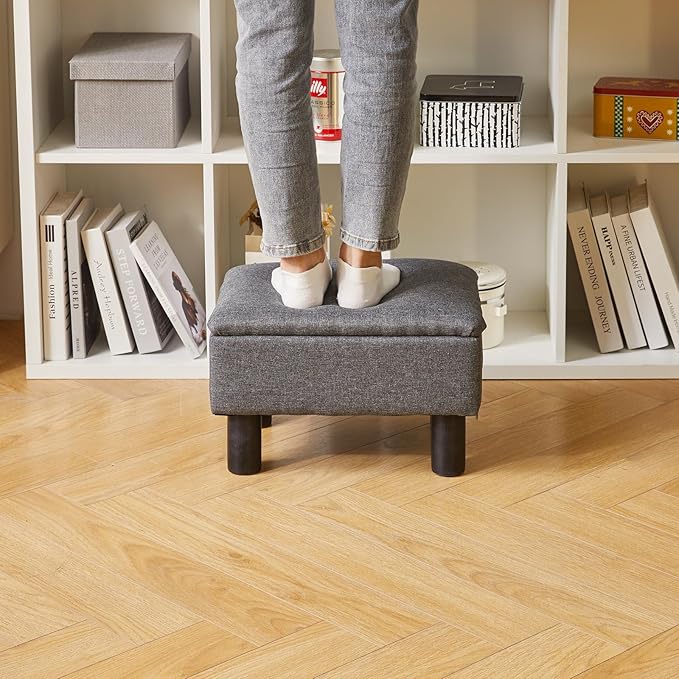 Aibiju Linen Small Ottoman Foot Rest, Foot Stools with Storage Small, Upholstered Rectangle Wood Ottoman with Safety Hinge Flip Top, Bed Stool for Bedroom Dorm Light Gray YD-JD1364