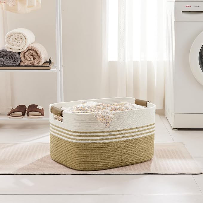 60L Woven Laundry Basket Hamper with Leather Handles,Khaki | 21"x15"x11", collapsible wicker hamper, storage for dirty clothes, toys, blankets, gifts, living room, bedroom, bathroom