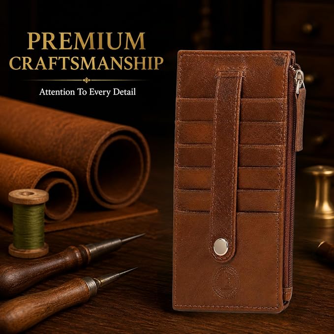 Leatherboss Genuine Leather Women's All in One Credit Business Card Case Holder Slim Zipper Wallet With a Card Protection Strap, Metallic Bronze