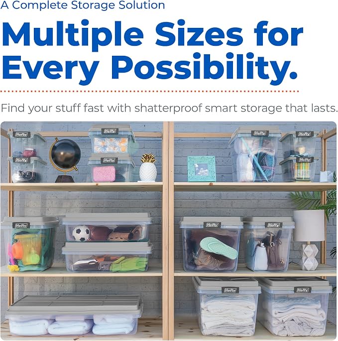 Hefty 6.5 Qt Flat-Lid Storage Bin with Lid, Stackable Plastic Storage Container, Organizer for Home, Office & Classroom, 8 Pack, Gray