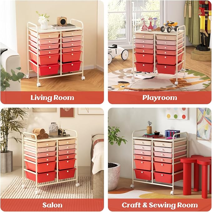 DREAMADE Mixed-pink 12-Drawer Rolling Storage Cart with Removable Drawers, Metal Frame, Polypropylene Drawers, Lockable Wheels