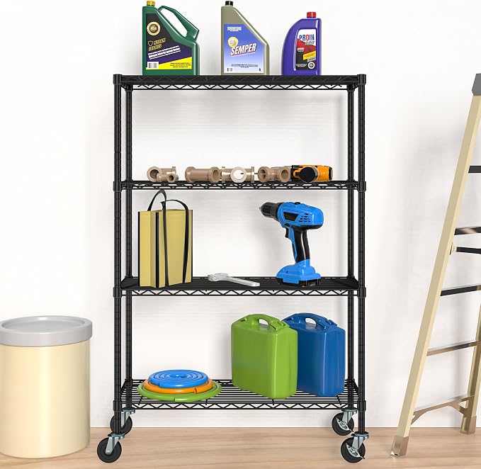 4 Tier Wire Metal Shelving Rack Garage Storage Rolling Shelves with Wheels | Heavy Duty Adjustable Industrial Shelving Steel Wire Organizer Rack for Kitchen Garage Pantry Office Bathroom