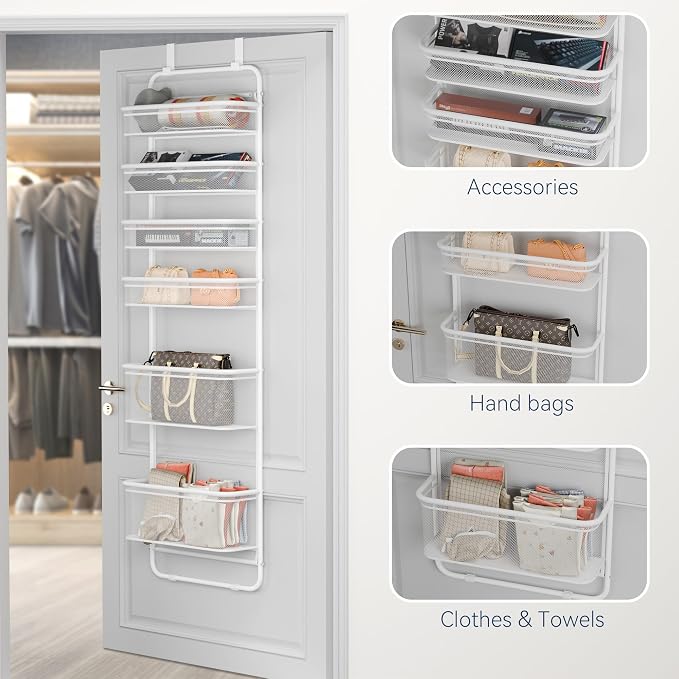 Whitmor Over The Door Organizer Storage, 6 Tier Hanging Door Organizer with Metal Frame & Mesh Baskets, Heavy Duty Behind Door Storage for Pantry, Bathroom, Closet, 17.7"W x 7.9"D x 67"H, White