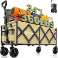 Hikemoon 34'' Extra Long Collapsible Wagons Carts Foldable, 360LBS Heavy Duty Folding Beach Wagon with Wheels, Portable Utility Outdoor Cart for Grocery, Garden, Sports, Camping, Khaki