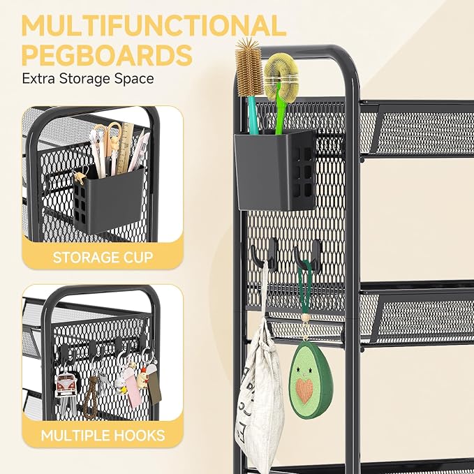 5 Tier Metal Rolling Utility Cart - Heavy Duty Storage Trolley with Pegboard, 4 Hooks & 1 Bin, Mobile Organizer Shelves for Bathroom Kitchen Office Craft Room Laundry, Black