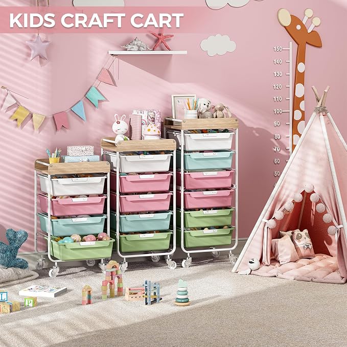 6 Drawer Rolling Cart for Craft Storage,Utility Drawer Organizer with Handle and Wooden Top,Storage on wheels for Office, Classroom,Laundry,Garage,Snack,Art Supply,Colorful