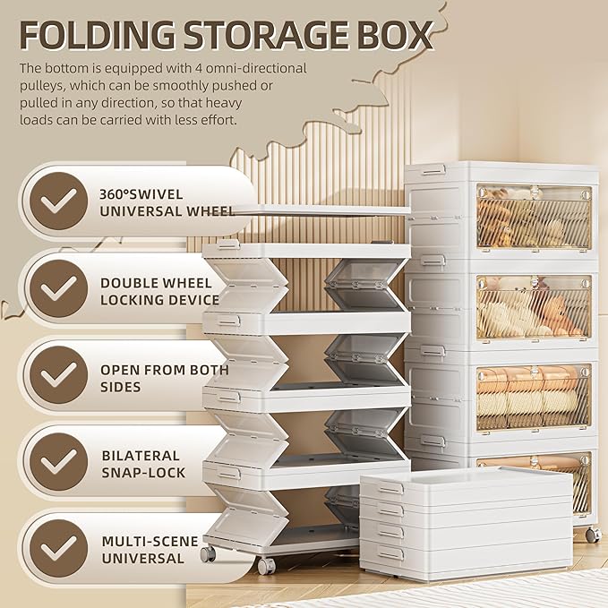 176 QT / 44 Gal Multi-Purpose Foldable Storage Cabinet - Transparent Dual Doors with 3-Stage Locking System, Heavy Duty Wheels, Simple Pull-to-Open Mechanism for Home/Office/Garage Organization
