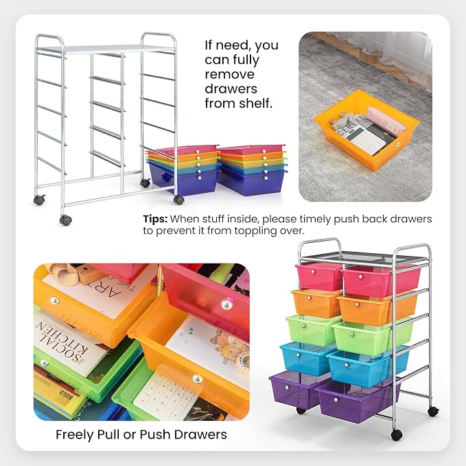 BECOMFORT 10-Drawer Rolling Cart with Drawers, Storage Cart on Wheels, Teacher Classroom Organizers with Metal Frame, Mobile Craft Cart, Trolley Utility Cart for School Office Play Room