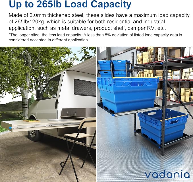 VADANIA #D53 16" Heavy Duty Locking Drawer Slide with Lock, 1-Pair | 2" Width, Up to 125lb Load Capacity, 3-Fold Full Extension, Detachable Lock-in & Lock-Out, Side Mount