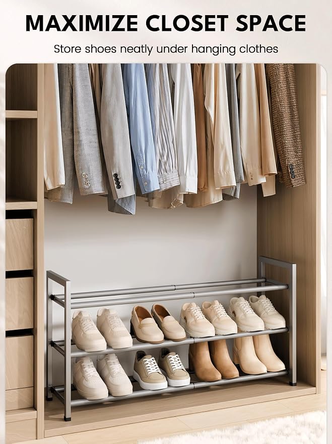 Bumusty 3-Tier Expandable Shoe Rack for Closet, 18“-33” Adjustable Shoe Rack for Small Space, Small Shoe Organizer for Front Door, Sturdy Metal, Light Grey