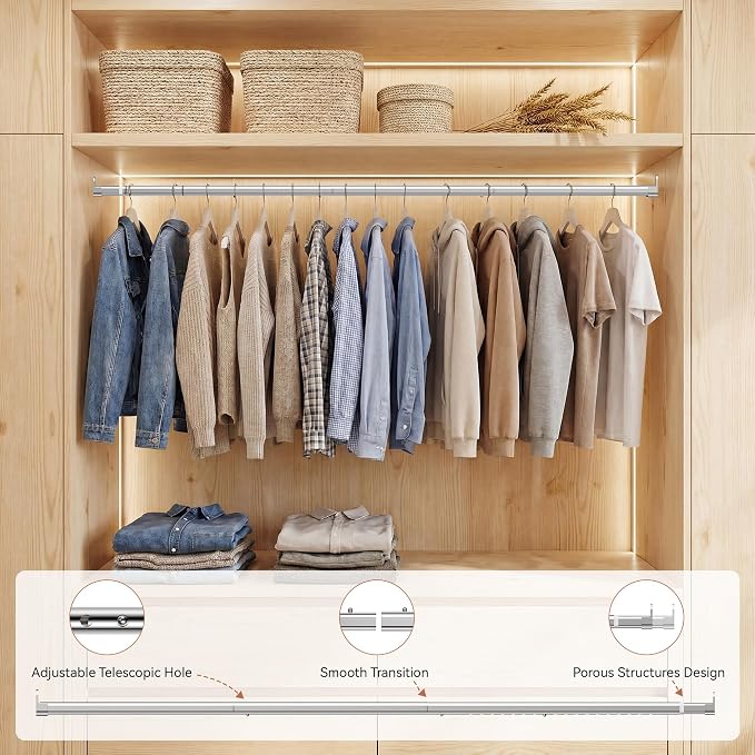 Oval Closet Rod 18-40 Inch Adjustable Closet Rods for Hanging Clothes Heavy Duty Silver Poles Bar with End Supports Rust Proof Wardrobe Rod for Laundry Room RV