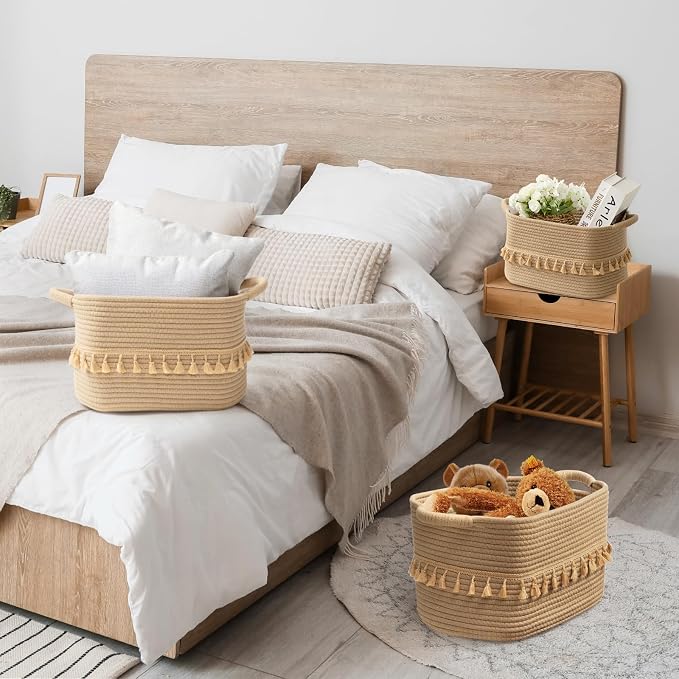 TeoKJ Storage Basket 3 Pack for Organizing, Rope Cotton Baskets for Toy, Clothes, Blankets, Decorative Basket for Living Room, Nursery, Bathroom, Jute