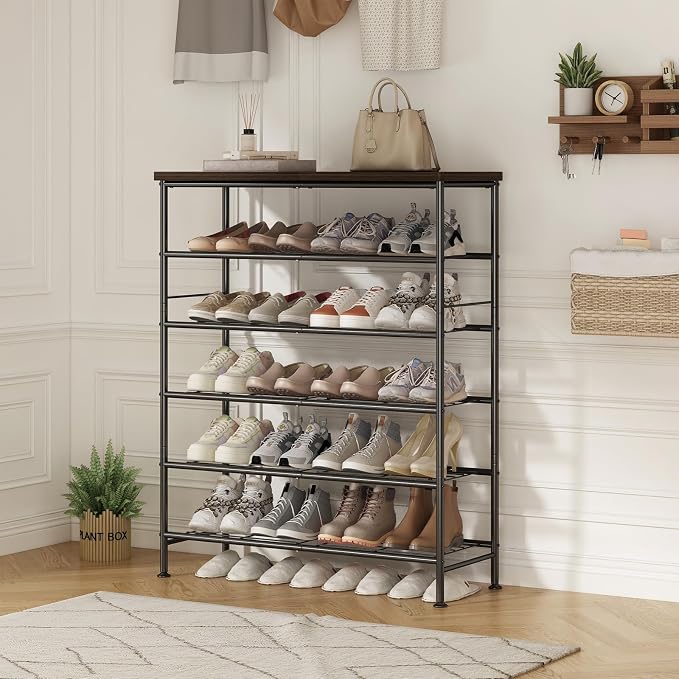 SUOERNUO Shoe Rack Organizer 6 Tier for Closet Entryway Free Standing Metal Storage Shoe Shelf with MDF Top Board，Black