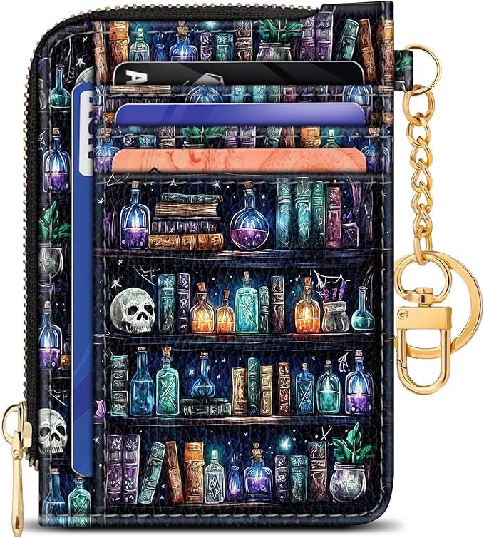 GIANCOMICS Slim Wallet Credit Card Holder Women, Goth Bookshelf Rfid Blocking Small Card Case, Keychain Thin Pocket Curved Zipper Wallet, Travel Card Holder PU Leather ID Window, Ladies Female Gifts