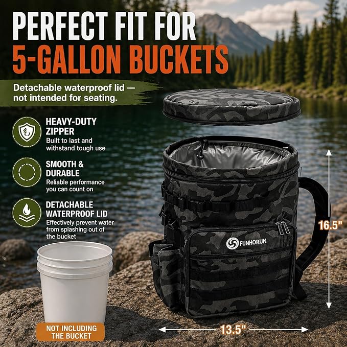FUNHORUN Fishing Bucket Organizer for 5 Gallon Bucket, Fishing Tackle Bag | With Backpack Straps, Detachable Lid & Multi-Pockets for Storage, Full Water-Resistant (Bucket, Seat & Tools Not Included)