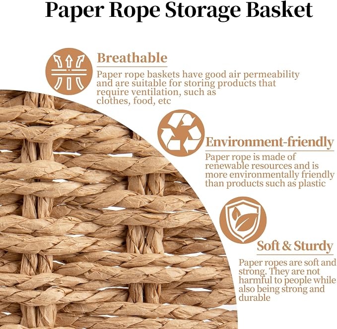 OIAHOMY Pantry Baskets for Organizing, Paper Rope Baskets with Built-in Handles, Wicker Storage Baskets for Shelves, 3 Pack-Yellow