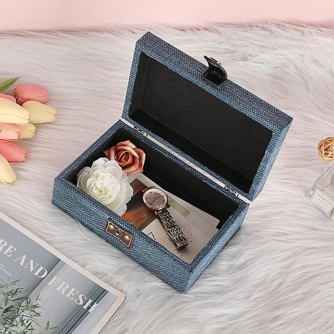 Hipiwe Treasure Chest Jewelry Box Wooden Decorative Box with Linen Covered | Memento Case Box with Clasp Lid, Rectangular Keepsake Box Photos Storage Organizer Home Decor, Blue