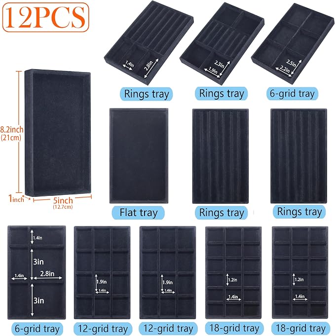 12 Set Jewelry Trays Organizer Stackable Jewelry Display Case Storage Box for Earring Necklace Rings Bracelet Watch, Black