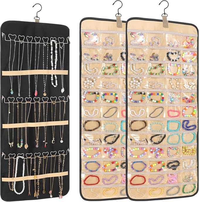 2 Pack Double Sided Hanging Jewelry Organizer for Closet with 48 Pockets & 30 Necklace Hooks, Premium Hanging Jewelry Storage for Earrings, Rings, Bracelets Display (Black)