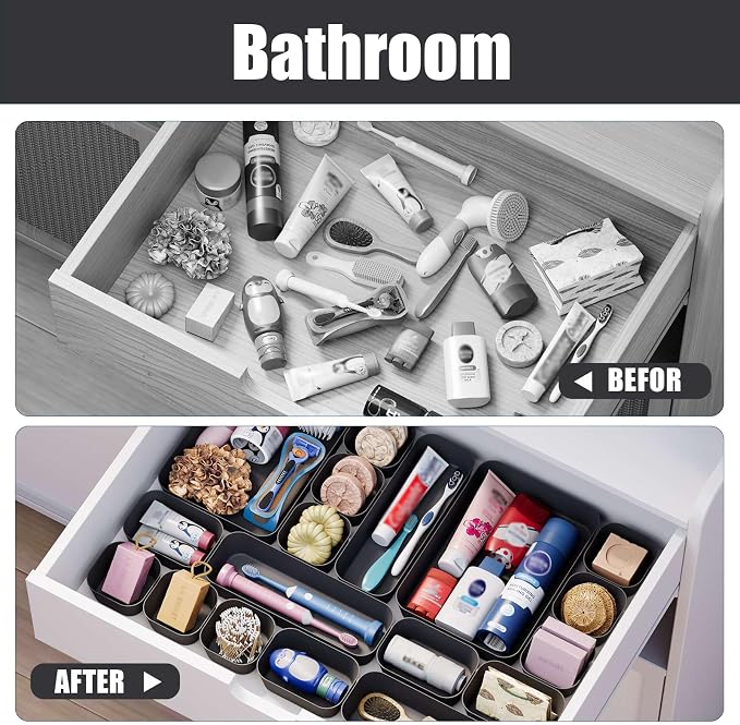 Drawer Organizers Bins 10 PCS for Bathroom Makeup Desk Office | with Non-slip Pads, 3 Sizes, Plastic Tray, Vanity Organizer, Kitchen Utensils Organizer