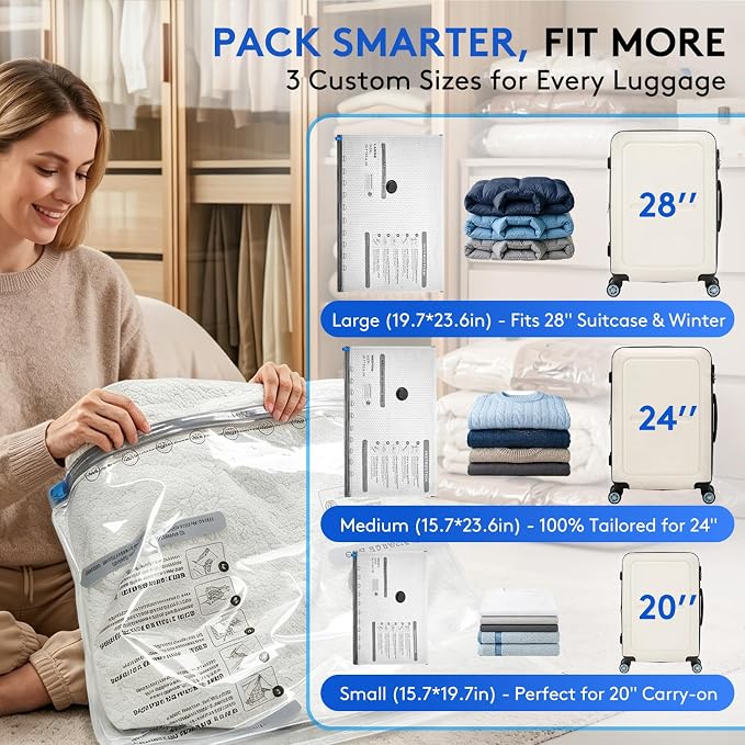 24 Packs Vacuum Bags for Travel with Rechargeable Pump, 3 Sizes Vacuum Seal Bags for Clothing, Compression Vacuum Travel Bags for Luggage, Vacuum Packing Bags for Closet Organization