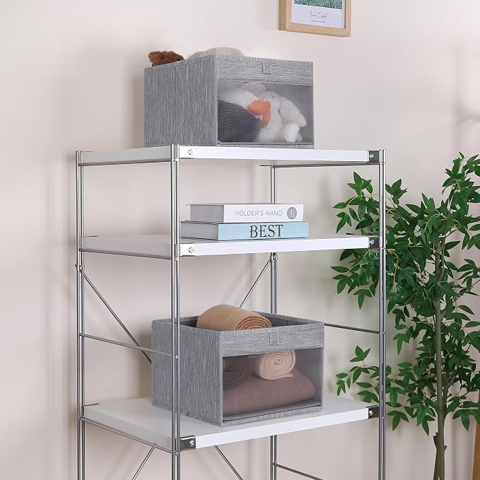 WUIKE Closet Storage Bins with Clear Window, Fabric Organizer Baskets with Handles, Foldable Linen Closet Organizers and Storage for Shelves, Light Gray, 11" L x 11" W x 8" H, 3 Pack
