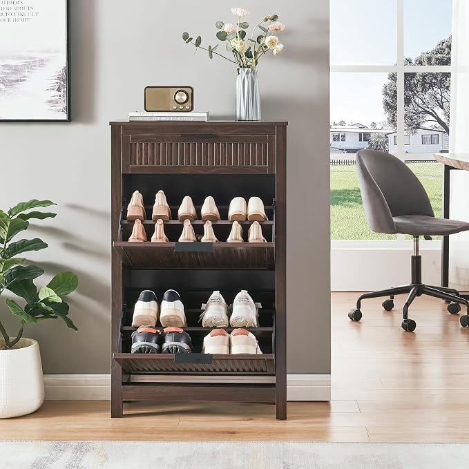 2 Flip Drawers Shoe Cabinet Storage for Entryway, Narrow Hidden Shoes Organizer for Front Door Entrance, Free Standing Shoes Cabinet Wooden Hallway Shoe Rack(Brown)